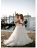 Cap Sleeves Ivory Satin Tulle Tiered Princess Wedding Dress